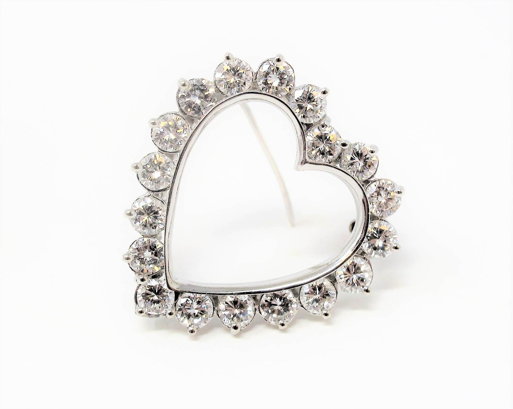 Women's 4.21 Carat Total Round Diamond Open Heart Pendant Necklace /Brooch 14 Karat Gold