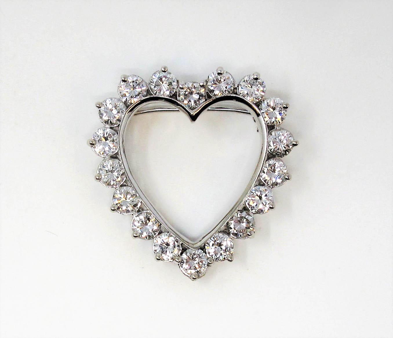 4.21 Carat Total Round Diamond Open Heart Pendant Necklace /Brooch 14 Karat Gold 1