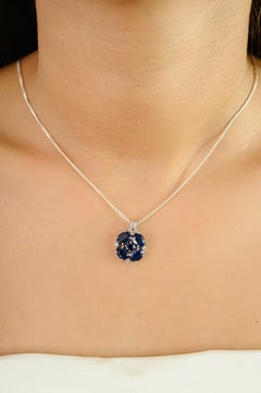 4.21 CT Natural Oval Cut Blue Sapphire Diamond Cluster Pendant in 14k White Gold