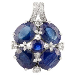 4.21 CT Natural Oval Cut Blue Sapphire Diamond Cluster Pendant in 14k White Gold
