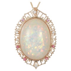 Pendentif en or 14 carats avec opale ovale, saphirs roses et diamants blancs de 42,18 carats
