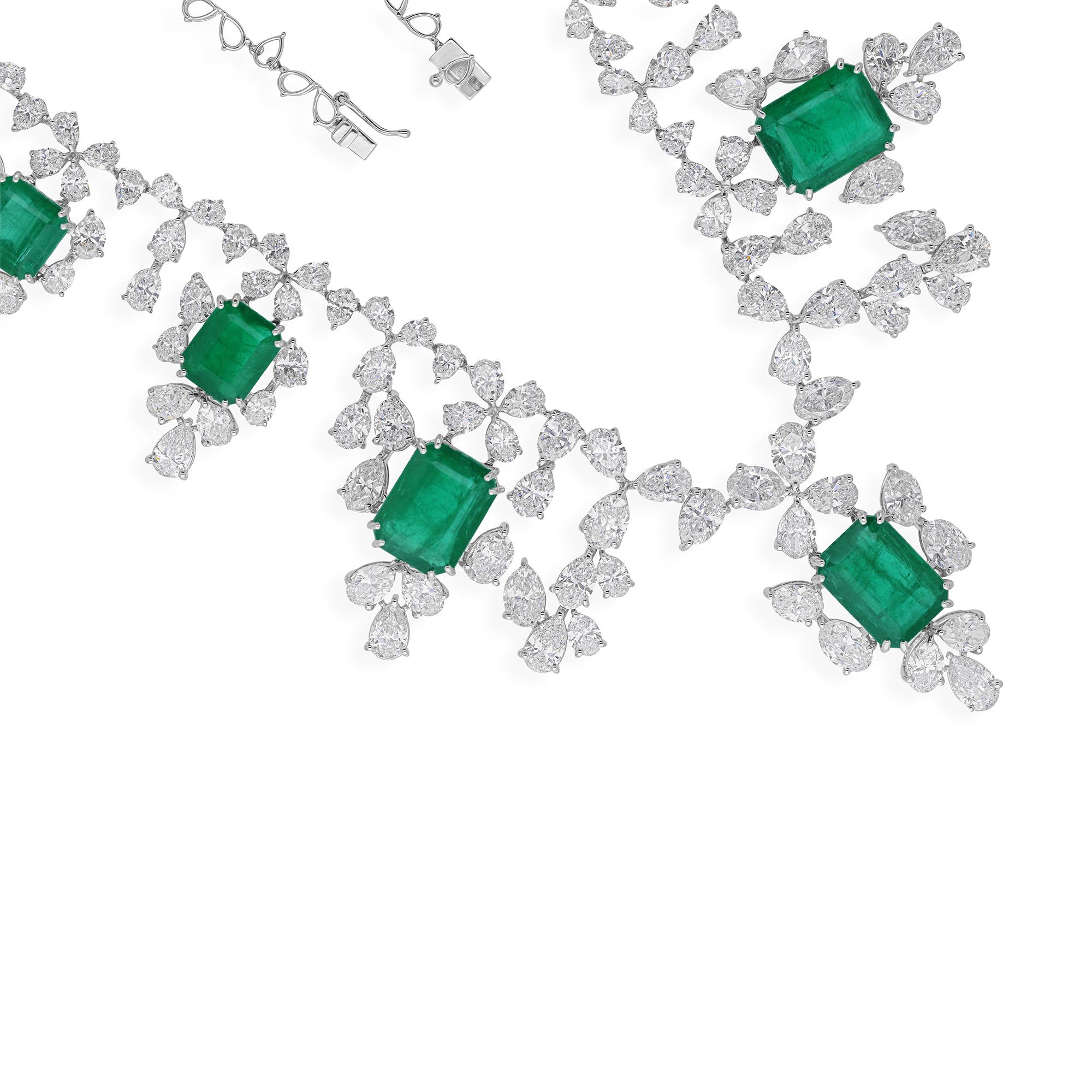 Art Deco 42.18ctw Zambian Emerald 50.04cts Diamond Wedding Drop Necklace 18k White Gold For Sale