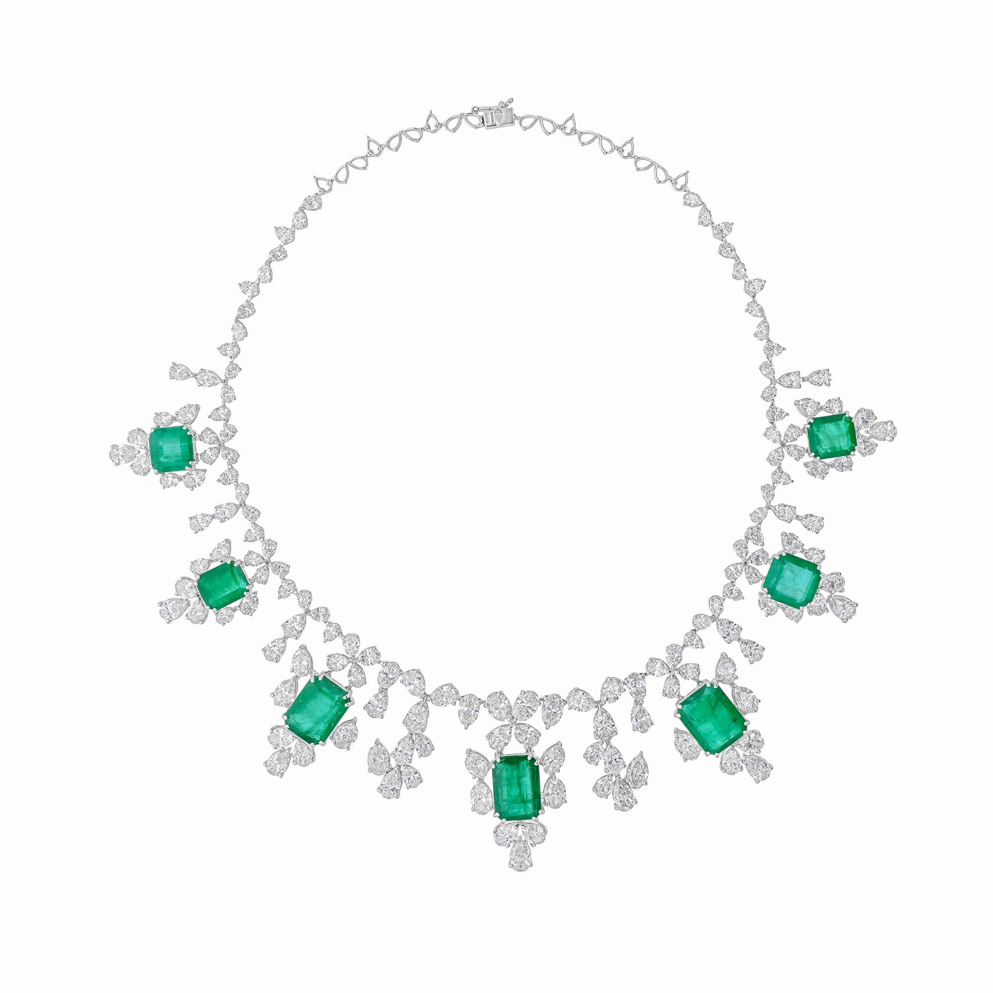 Octagon Cut 42.18ctw Zambian Emerald 50.04cts Diamond Wedding Drop Necklace 18k White Gold For Sale