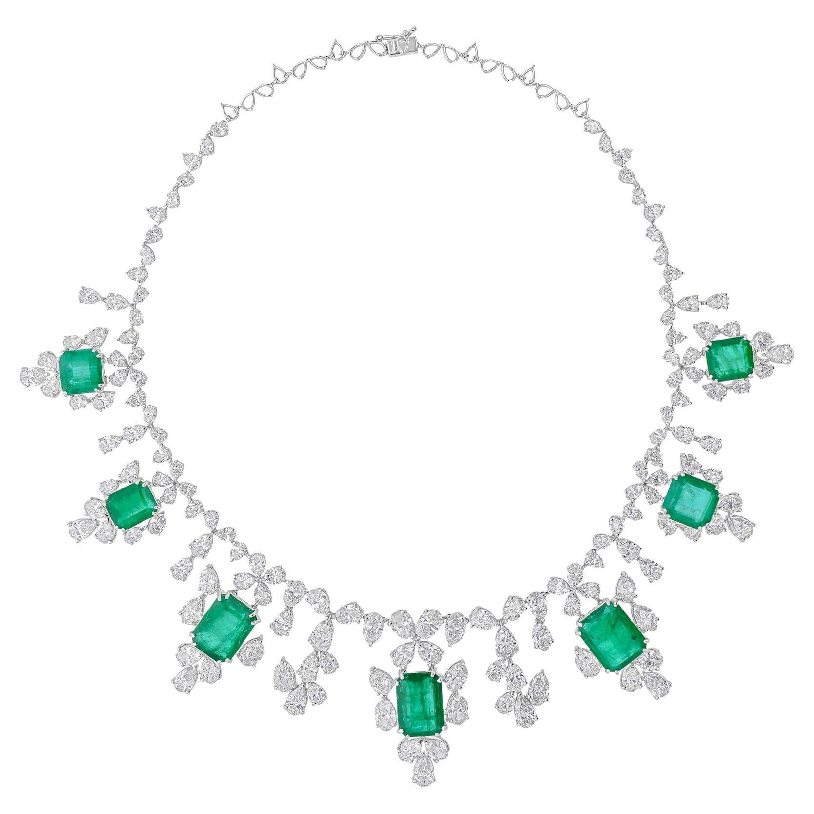 42.18ctw Zambian Emerald 50.04cts Diamond Wedding Drop Necklace 18k White Gold For Sale