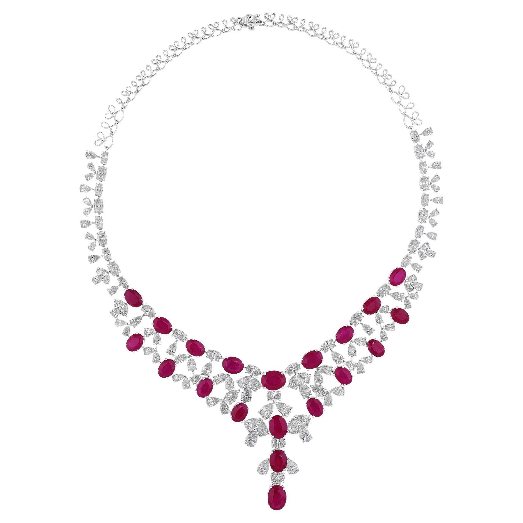42.19 Carat Oval Ruby 27.96 Carat SI/H Pear Diamond 14 Karat White Gold Necklace