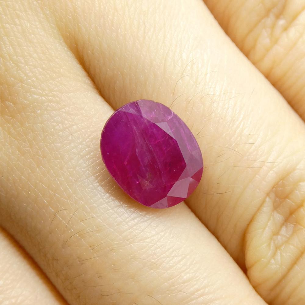 Description:

Gem Type: Ruby 
Number of Stones: 1
Weight: 4.21 cts
Measurements: 10.64 x 8.41 x 4.81 mm
Shape: Oval
Cutting Style Crown: Brilliant Cut
Cutting Style Pavilion: Step Cut 
Transparency: Semi-Translucent
Clarity: Moderately Included: