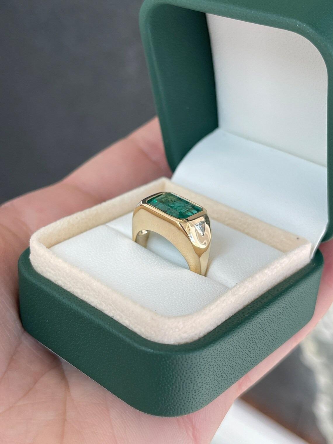 4.21tcw 14K Dark Green Emerald Cut Emerald & Trillion Diamond Three Stone Ring For Sale 1