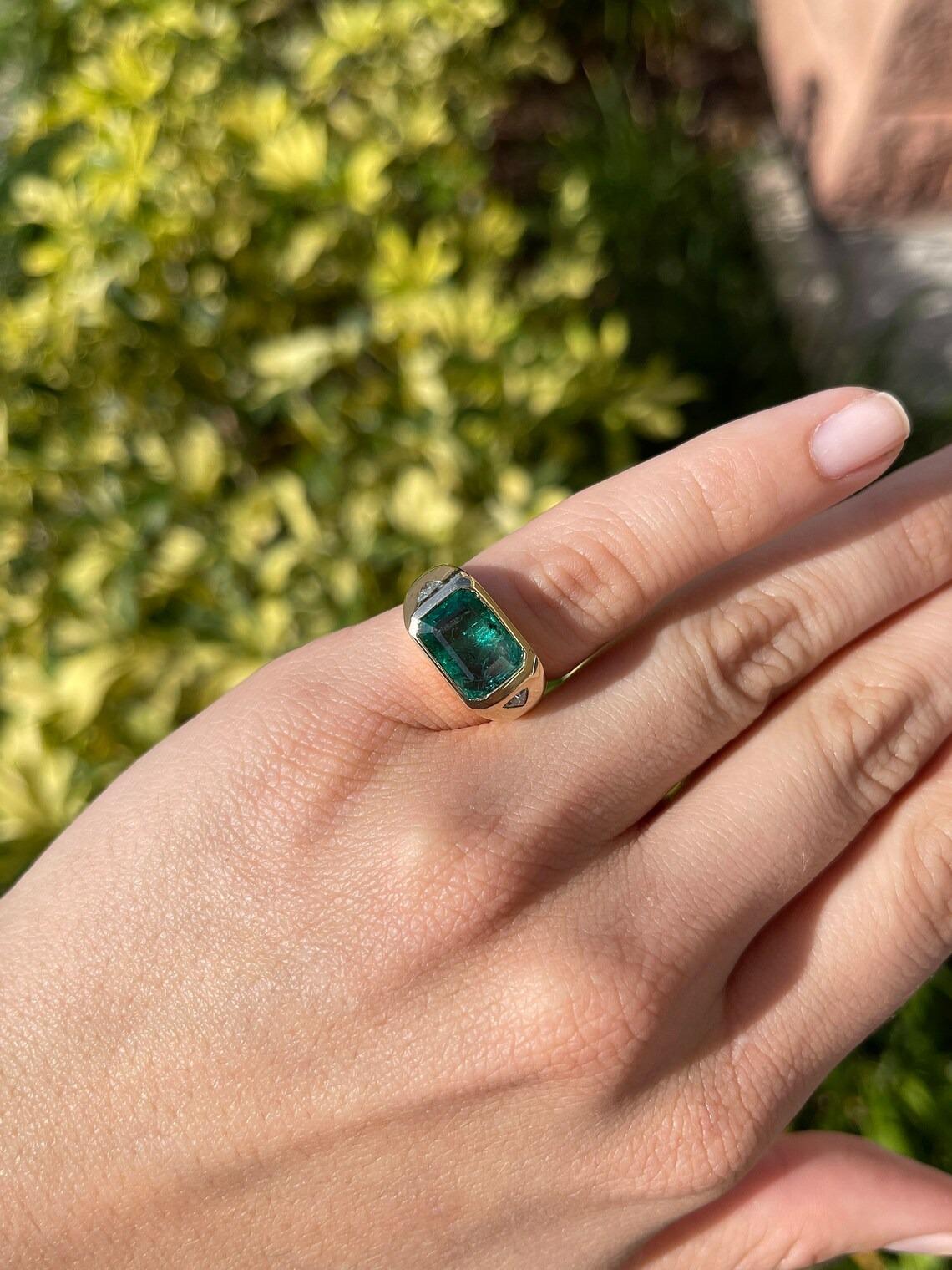 4.21tcw 14K Dark Green Emerald Cut Emerald & Trillion Diamond Three Stone Ring For Sale 2