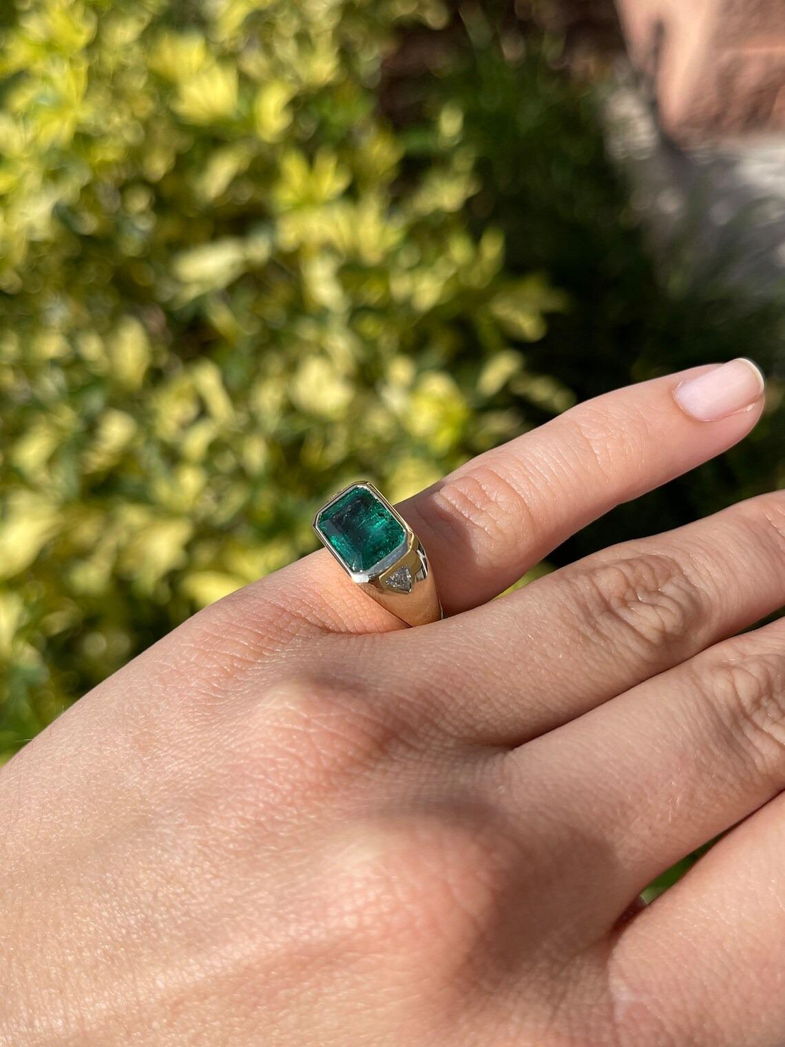 4.21tcw 14K Dark Green Emerald Cut Emerald & Trillion Diamond Three Stone Ring For Sale 3