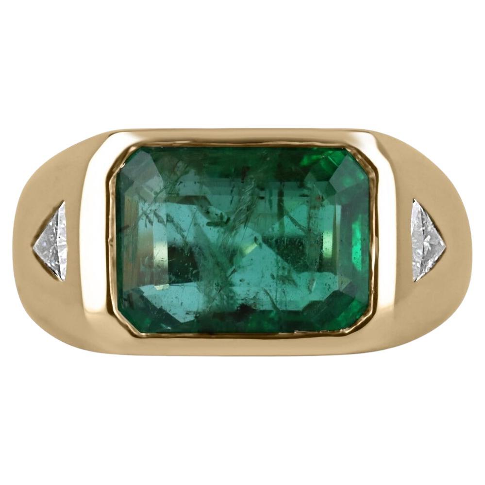 4.21tcw 14K Dark Green Emerald Cut Emerald & Trillion Diamond Three Stone Ring For Sale