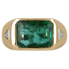 4.21tcw 14K Dark Green Emerald Cut Emerald & Trillion Diamond Three Stone Ring