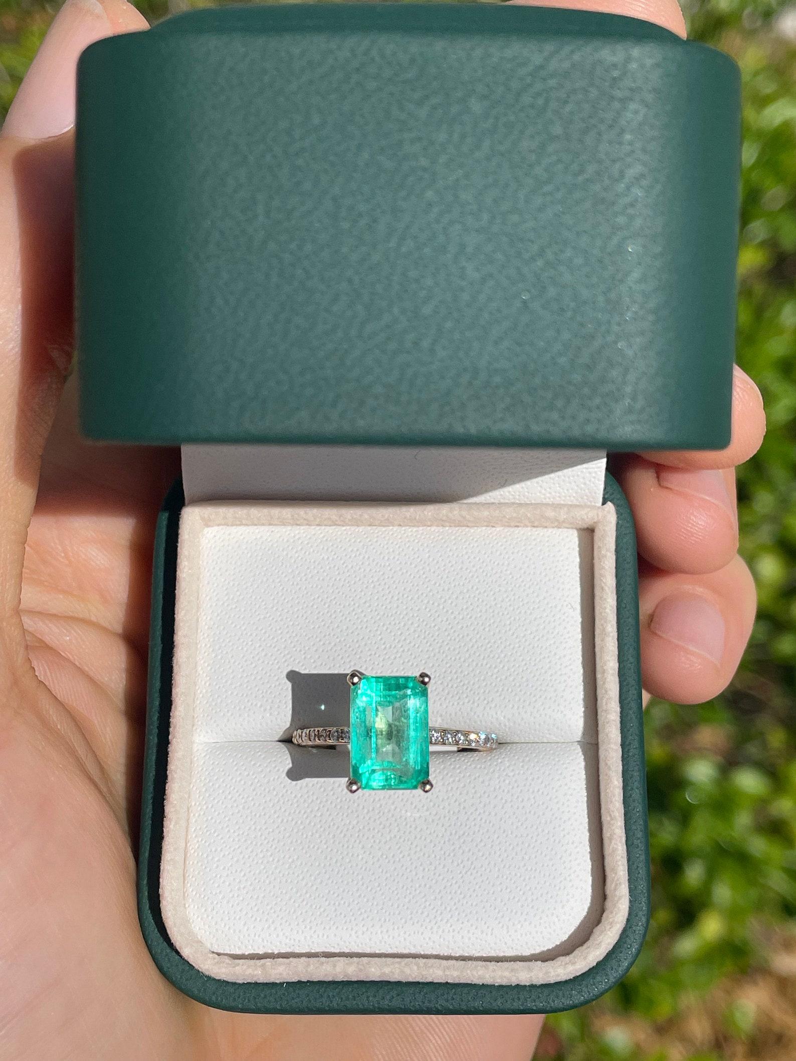 Emerald Cut 4.21tcw 14K Rectangle Colombian Emerald & Diamond Accent Band Engagement Ring For Sale