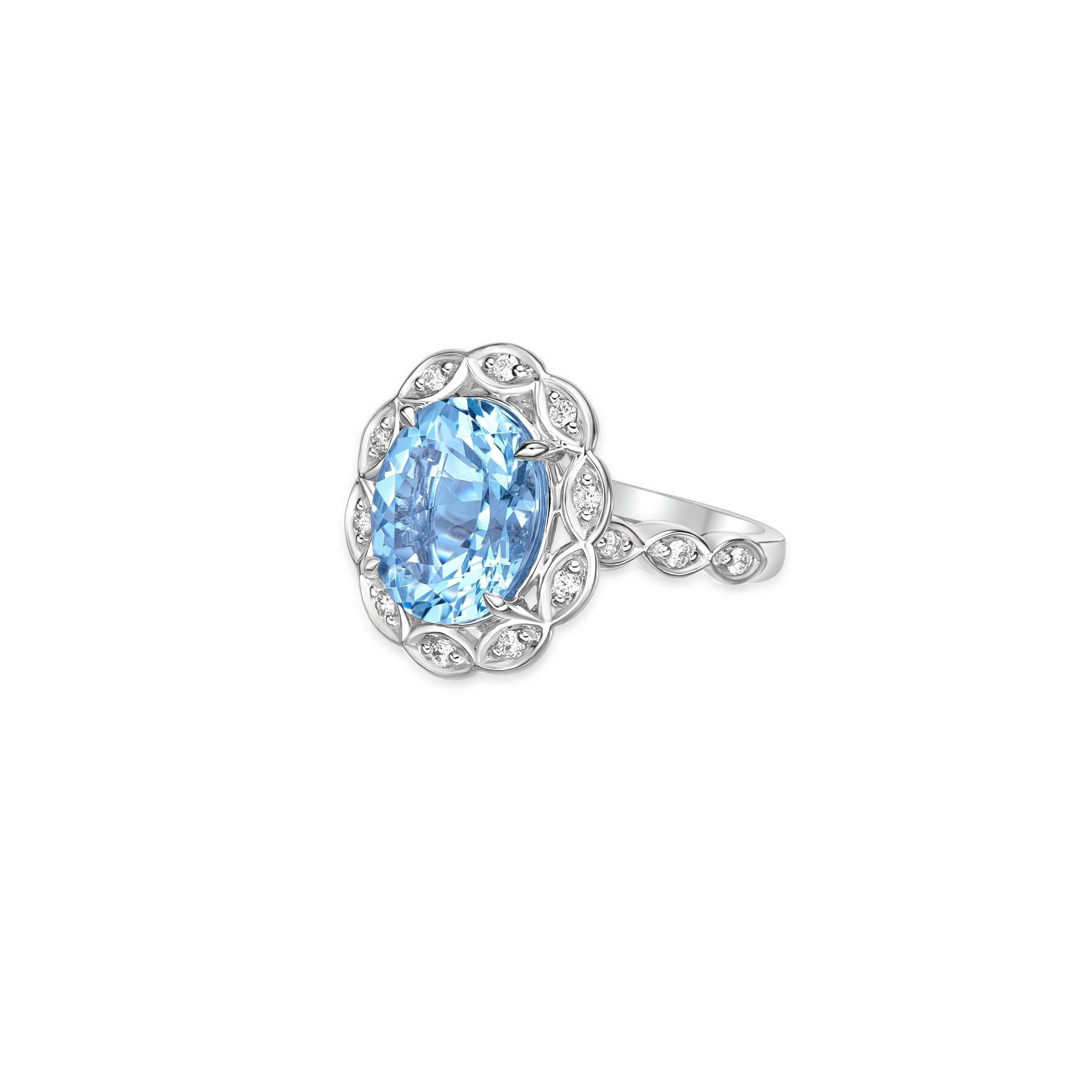 Oval Cut 4.22 Carat Aquamarine Fancy Ring in 18Karat White Gold with White Diamond. For Sale