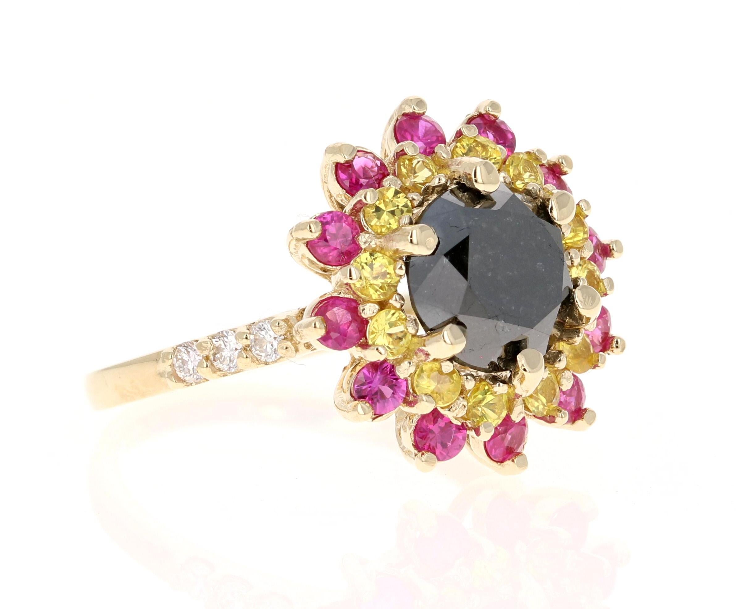 4.22 Carat Black Diamond Sapphire Yellow Gold Cocktail Ring

This stunning statement ring by Roshé Jewels features a 2.83-carat round-cut black diamond. Surrounding the black diamond are 1.25 carats of vibrant yellow and pink sapphires, adding a