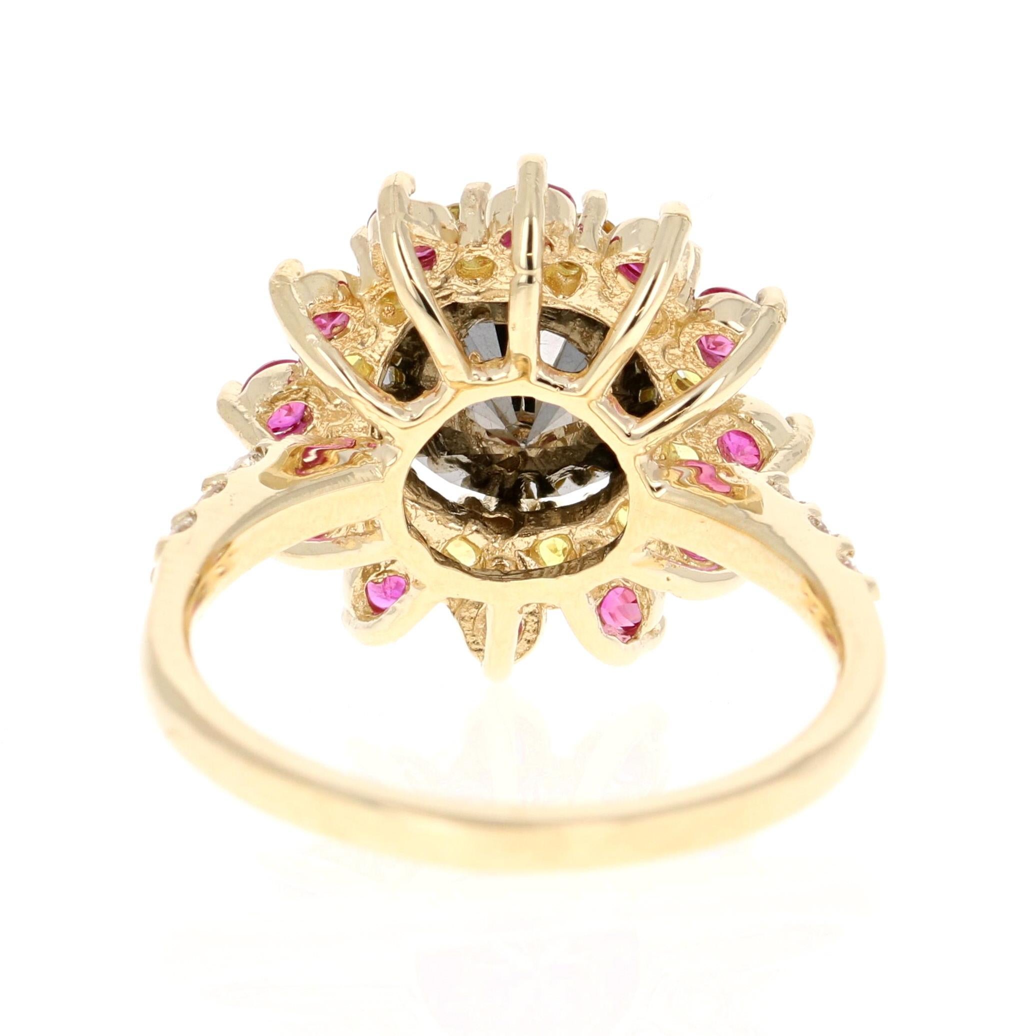 Round Cut 4.22 Carat Black Diamond Sapphire Yellow Gold Ring For Sale