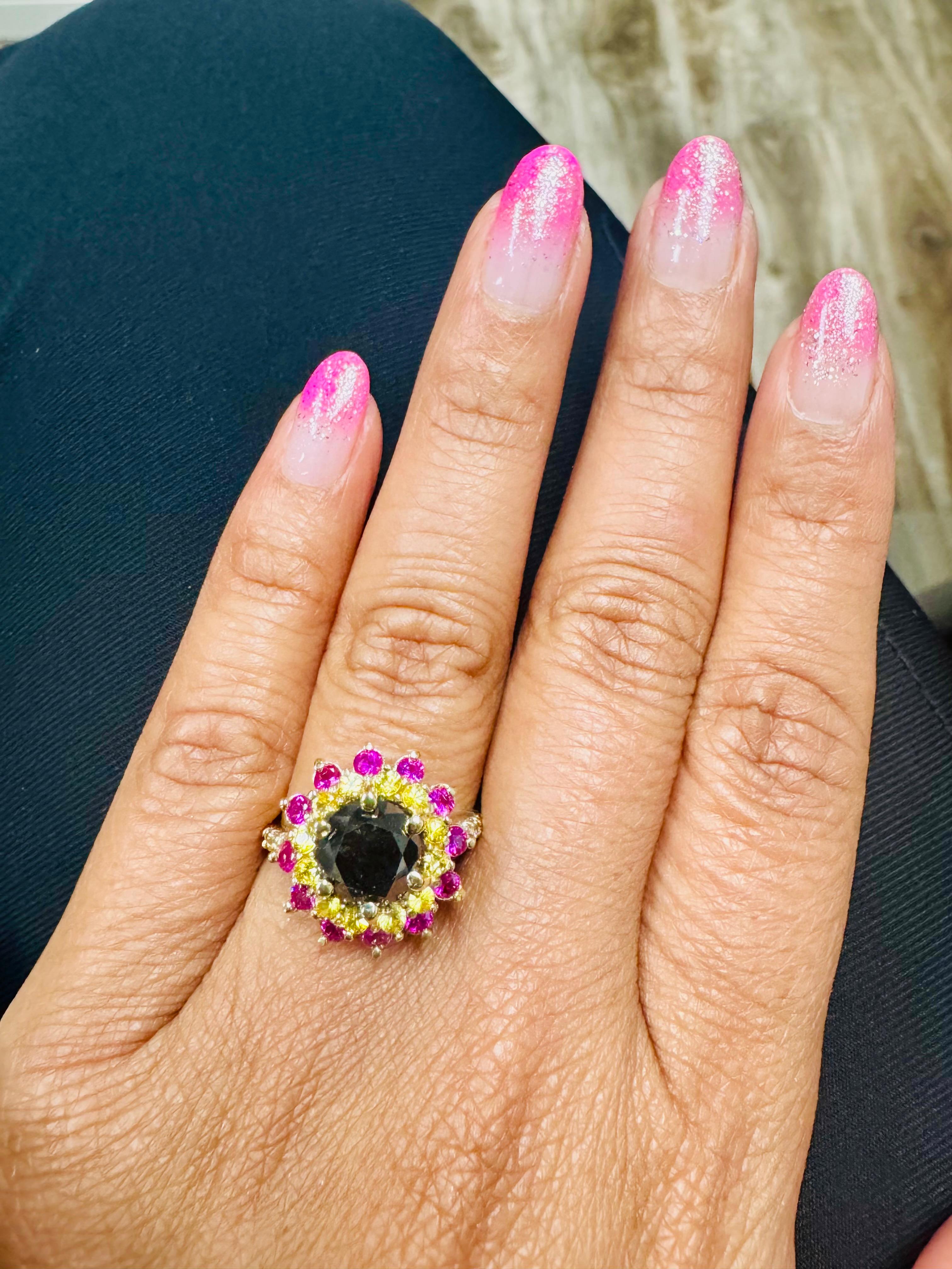 Women's 4.22 Carat Black Diamond Sapphire Yellow Gold Ring For Sale