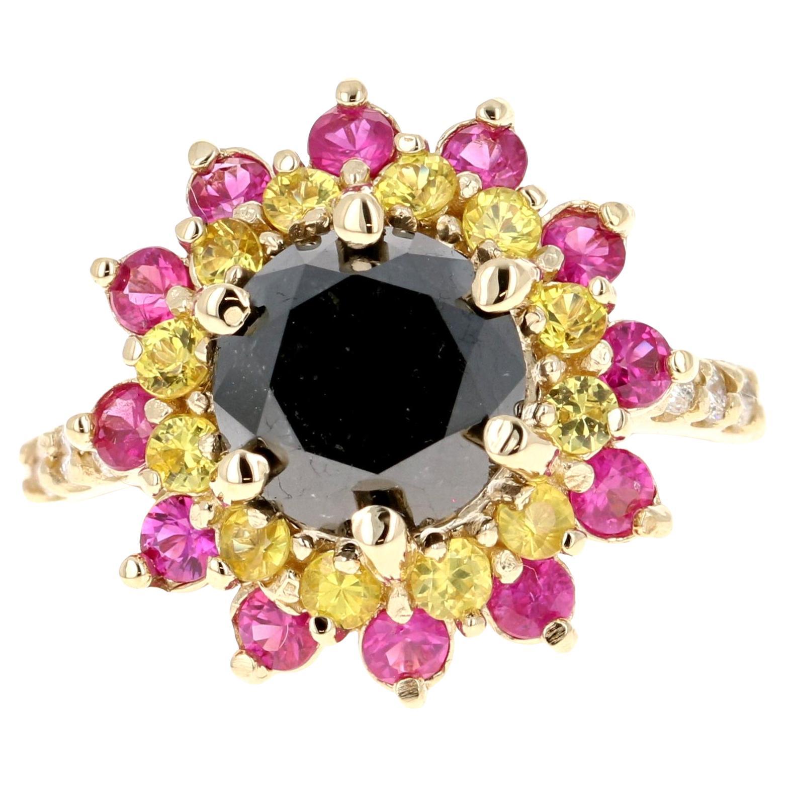 4.22 Carat Black Diamond Sapphire Yellow Gold Ring