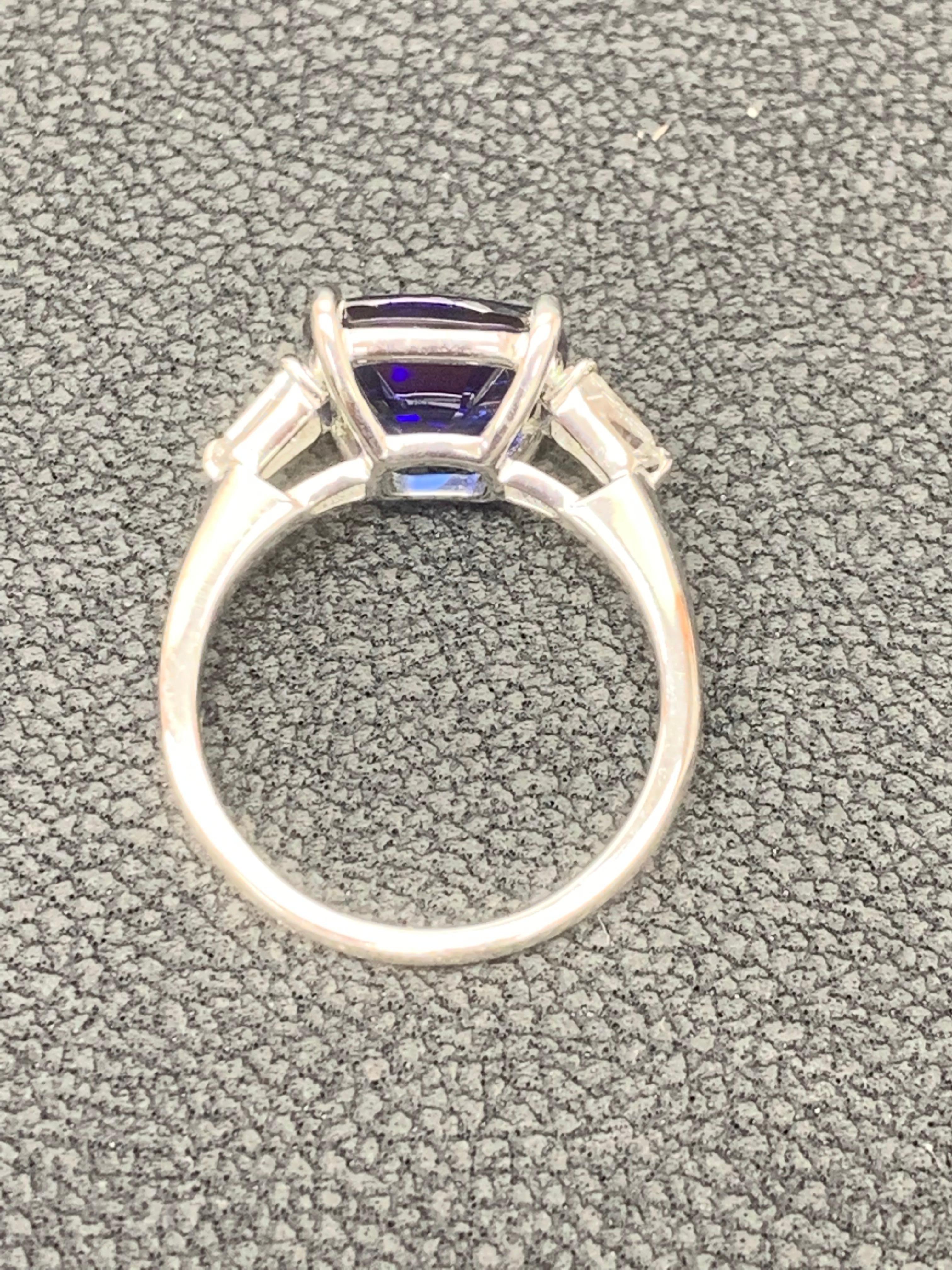 Modern 4.22 Carat Cushion Cut Blue Sapphire Diamond Three-Stone Ring in Platinum For Sale