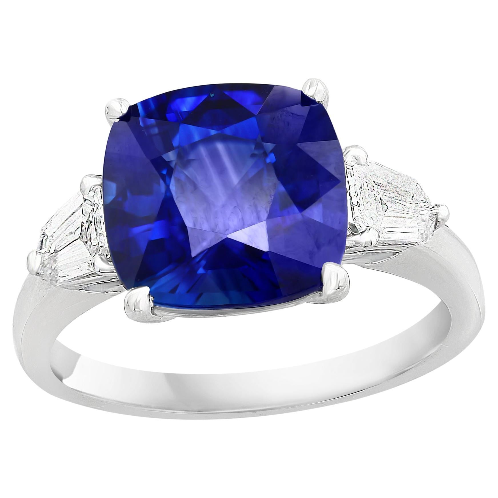 4.22 Carat Cushion Cut Blue Sapphire Diamond Three-Stone Ring in Platinum For Sale