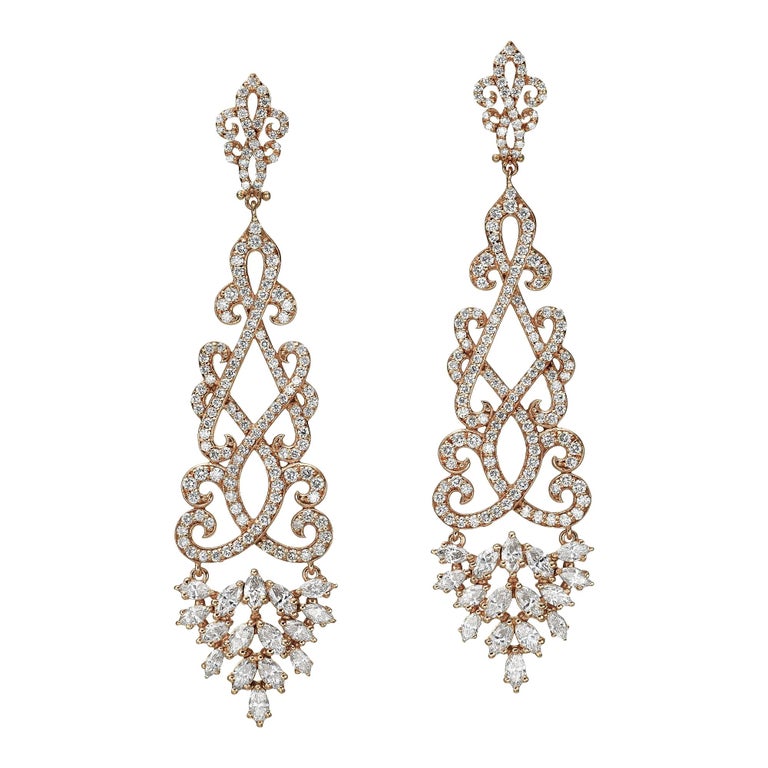 4.22 Carat Dangling Diamond Rose Gold Chandelier Earrings For Sale ...