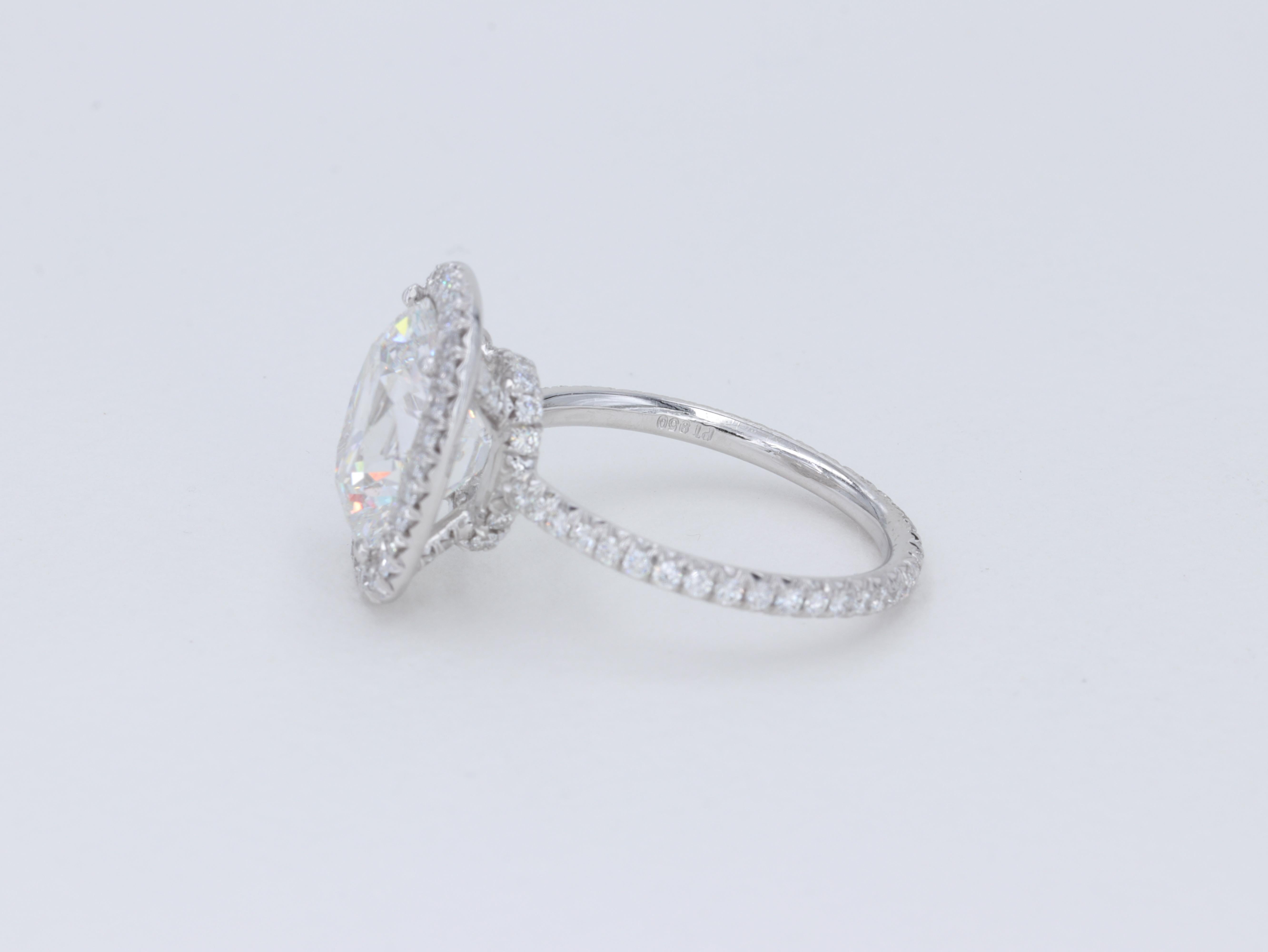 Women's or Men's 4.22 Carat Diamond Cushion Brilliant Cut Diamond Engagement Ring Platinum Halo For Sale