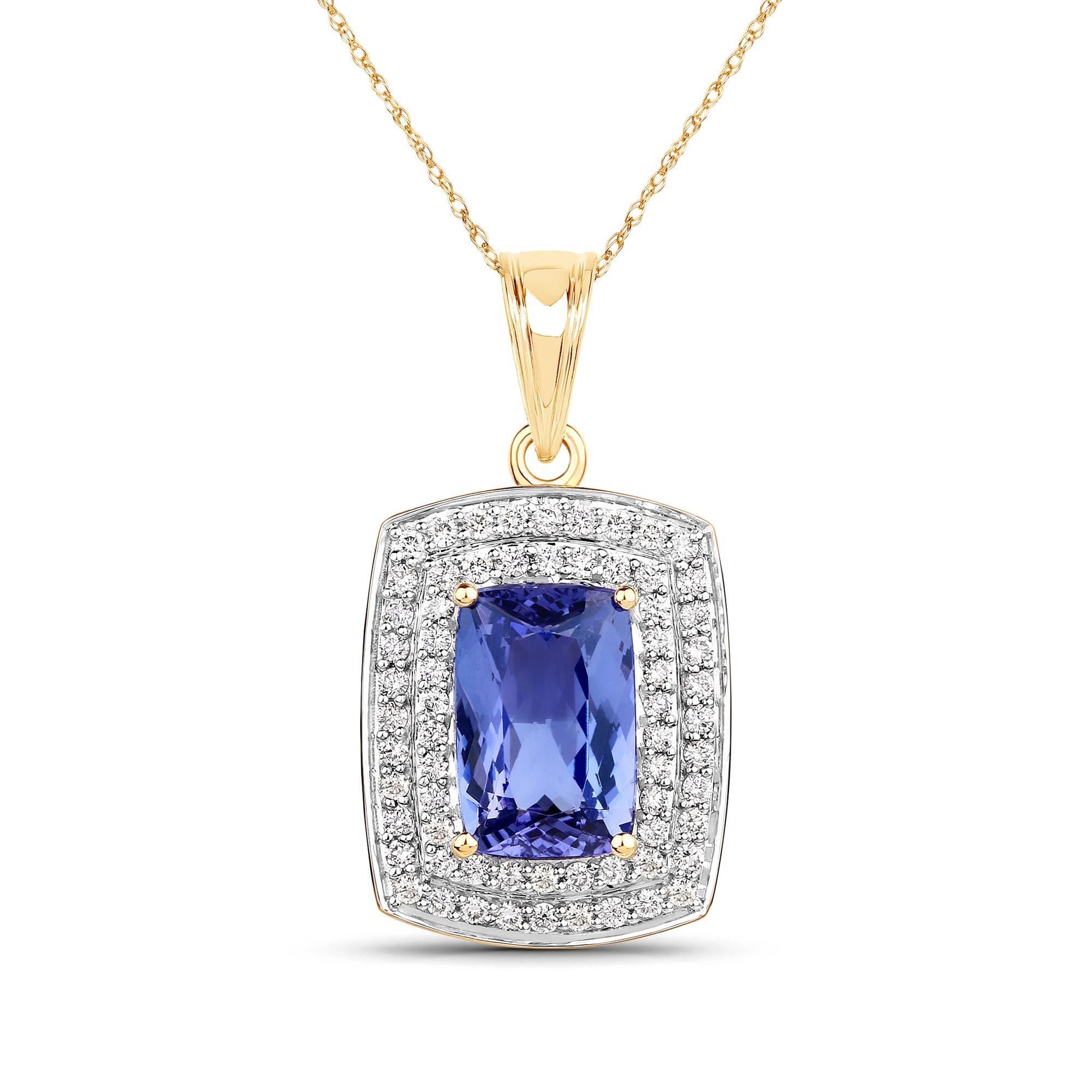 4.22 Carat Cushion-shaped Tanzanite and 0.66 Carats White Diamond 14 Karat Yellow Gold Pendant

Center Stone Details:
Stone: Tanzanite
Shape: Cushion
Size: 11.90x7.85mm
Weight: 4.22 carat

Diamond Details:
Shape: Round Brilliant (66)
Carat Weight: