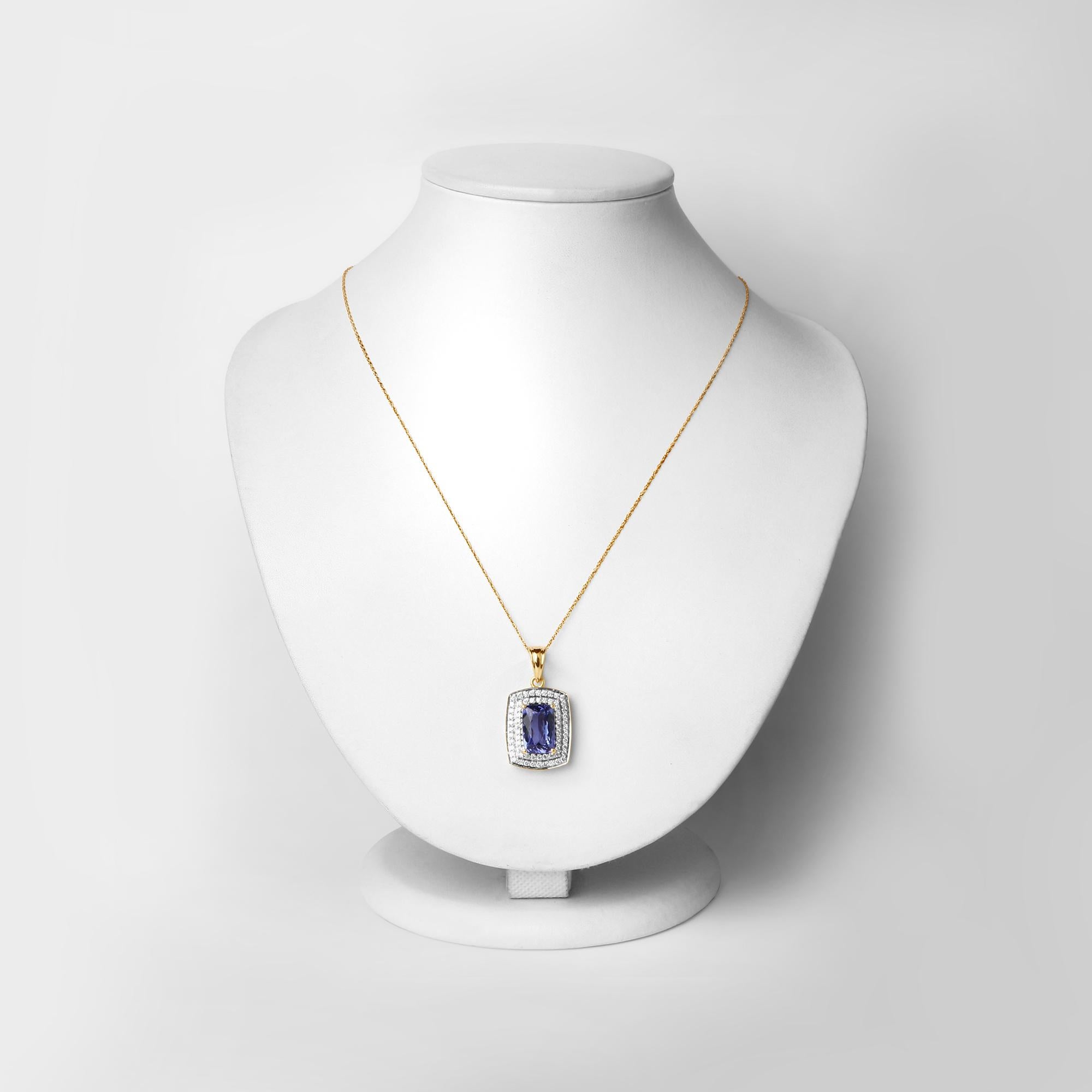 Cushion Cut 4.22 Carat Genuine Tanzanite and White Diamond 14 Karat Yellow Gold Pendant