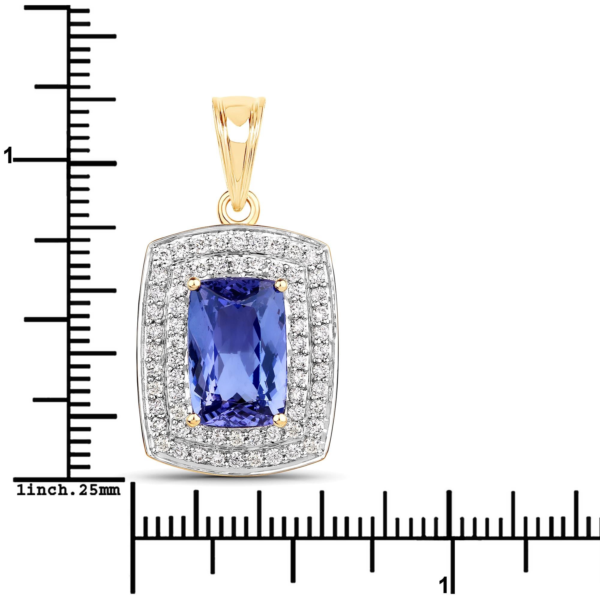 4.22 Carat Genuine Tanzanite and White Diamond 14 Karat Yellow Gold Pendant In New Condition In Great Neck, NY