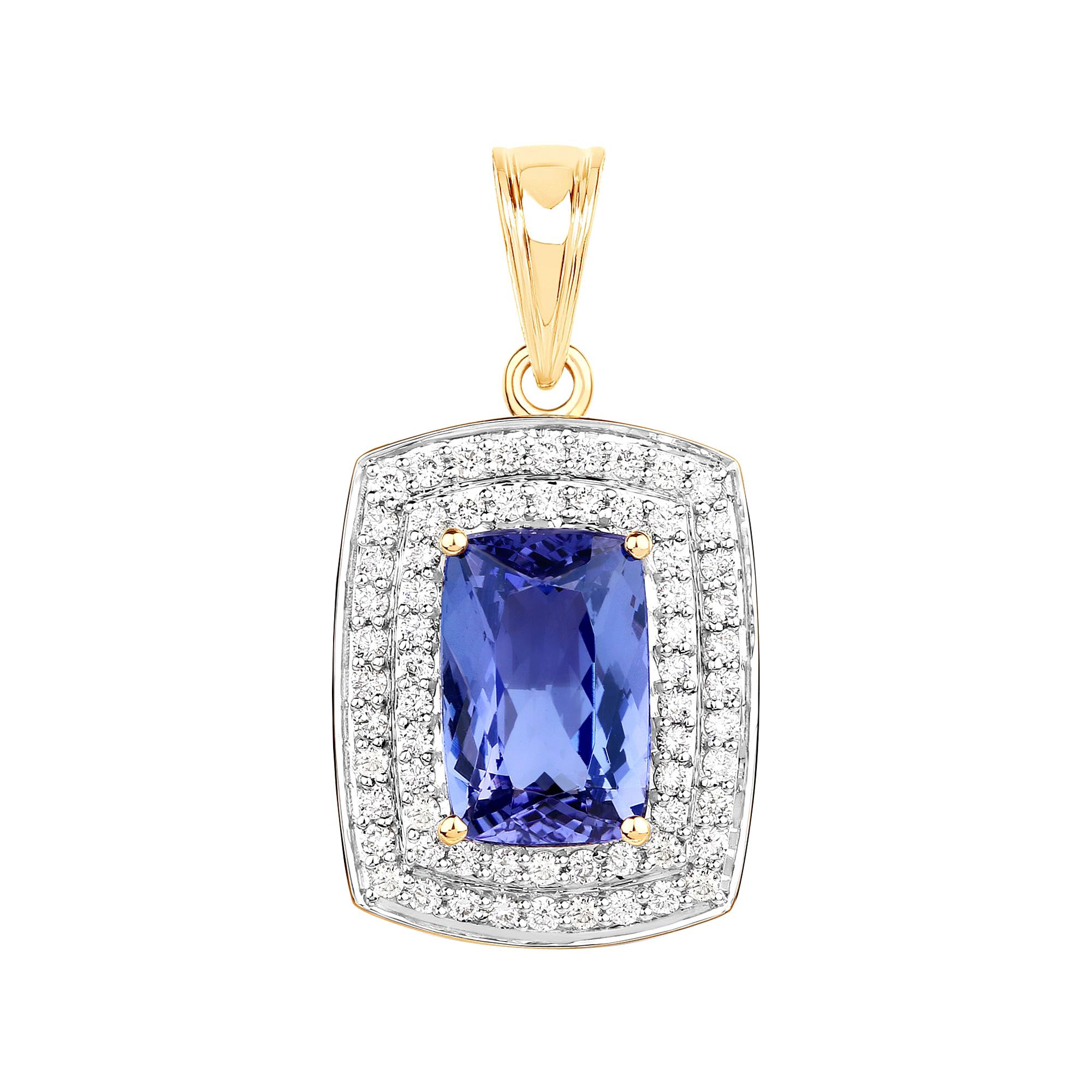 4.22 Carat Genuine Tanzanite and White Diamond 14 Karat Yellow Gold Pendant