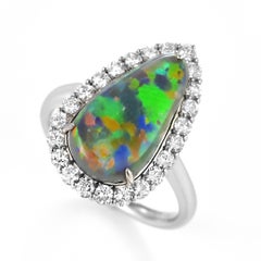 4.22 Carat Natural Australian Black Opal and Diamond Ring Made in Platinum