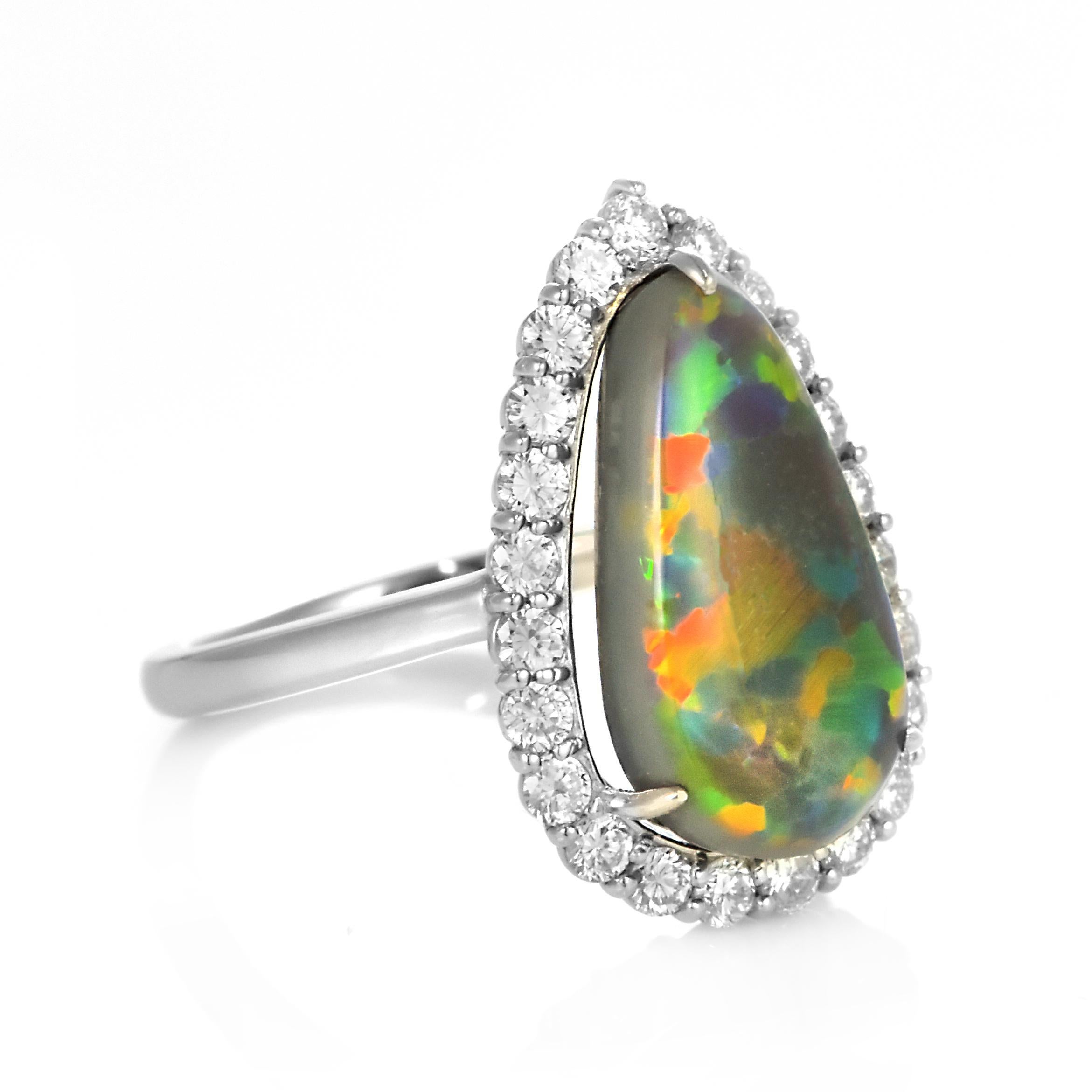Cabochon 4.22 Carat Natural Australian Black Opal and Diamond Ring Made in Platinum For Sale