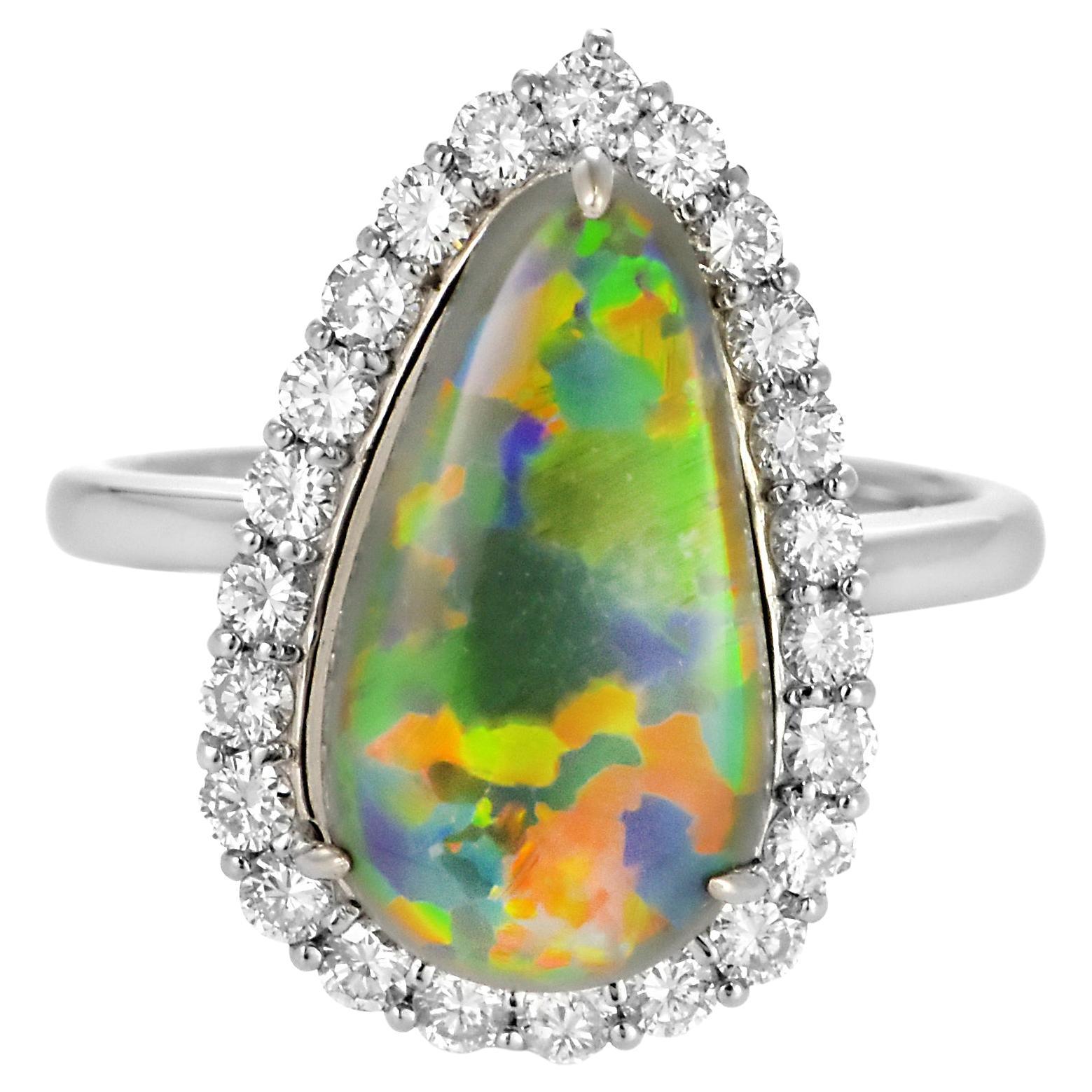 4.22 Carat Natural Australian Black Opal and Diamond Ring Made in Platinum