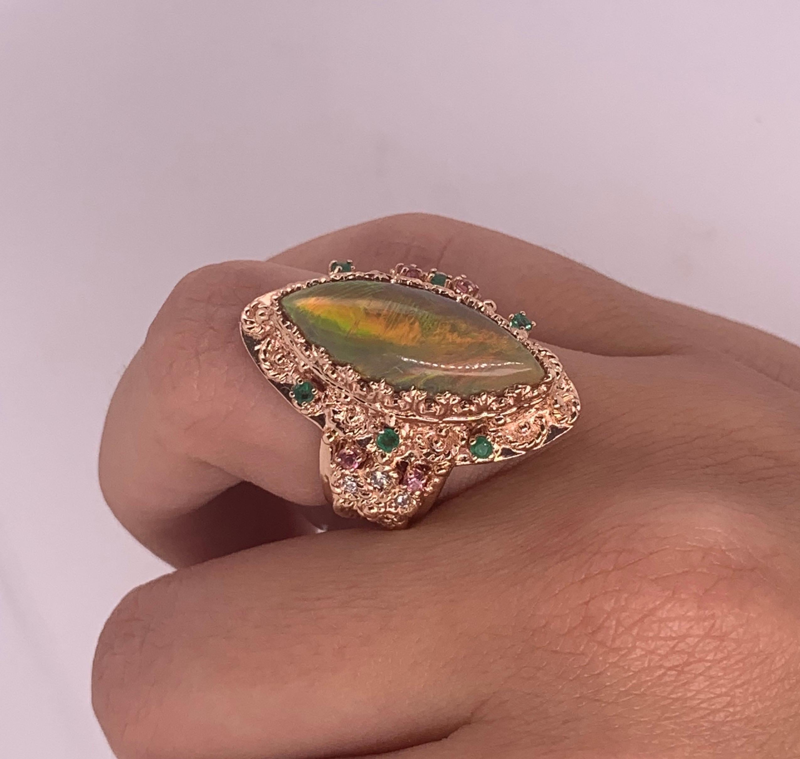 Contemporary 4.22 Ct Marquise Opal, Pink Tourmaline, Emerald and Diamond Ring 14K Rose Gold