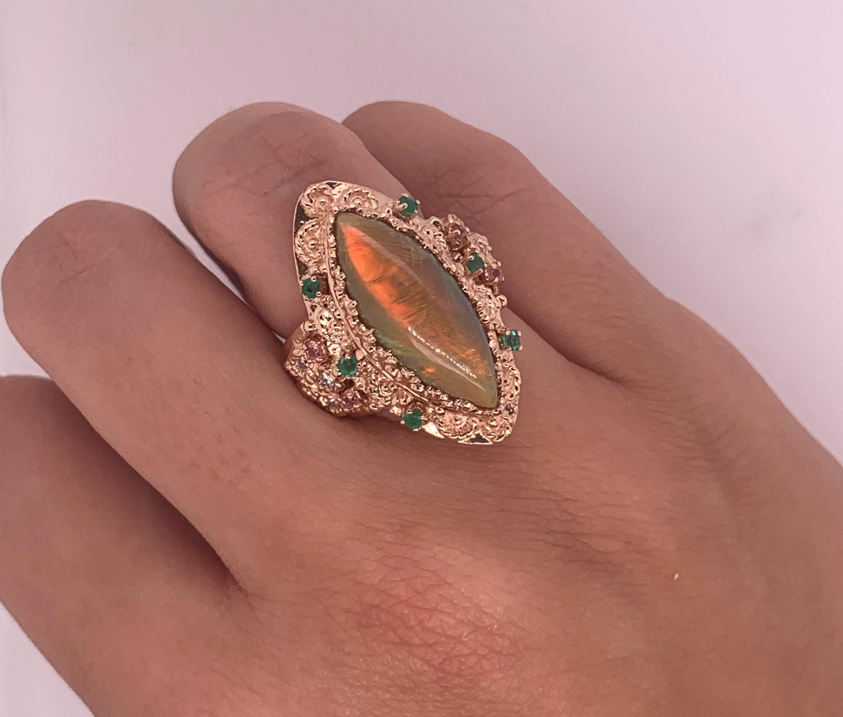 Marquise Cut 4.22 Ct Marquise Opal, Pink Tourmaline, Emerald and Diamond Ring 14K Rose Gold