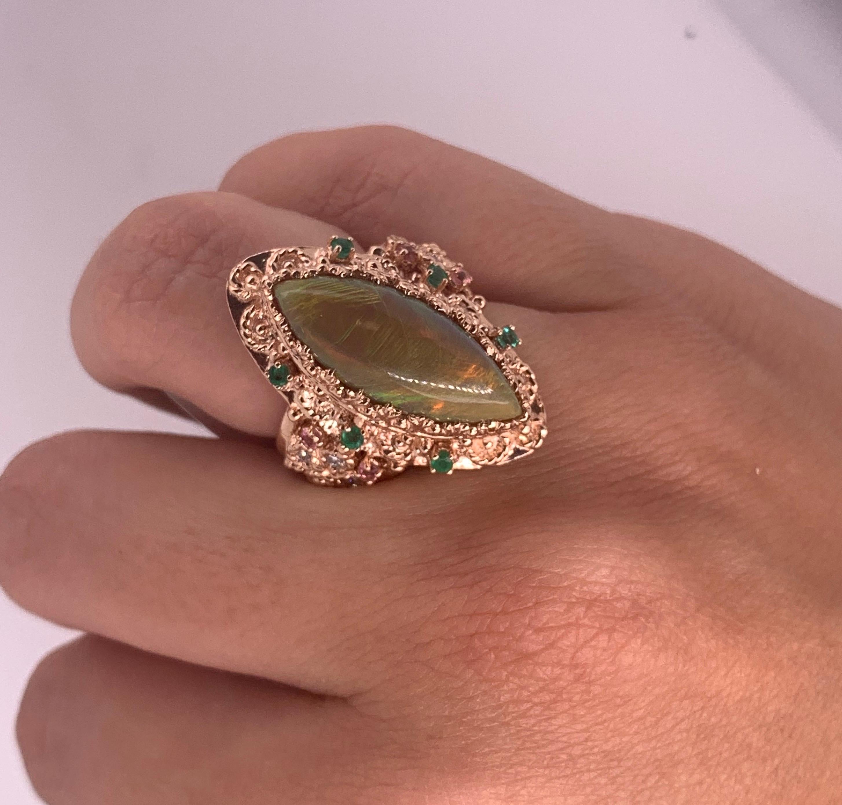 4.22 Ct Marquise Opal, Pink Tourmaline, Emerald and Diamond Ring 14K Rose Gold In New Condition In GREAT NECK, NY