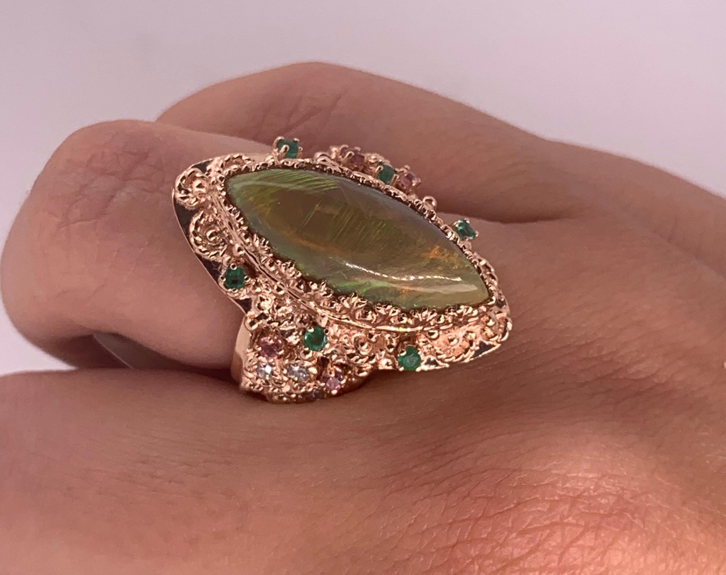 Women's 4.22 Ct Marquise Opal, Pink Tourmaline, Emerald and Diamond Ring 14K Rose Gold