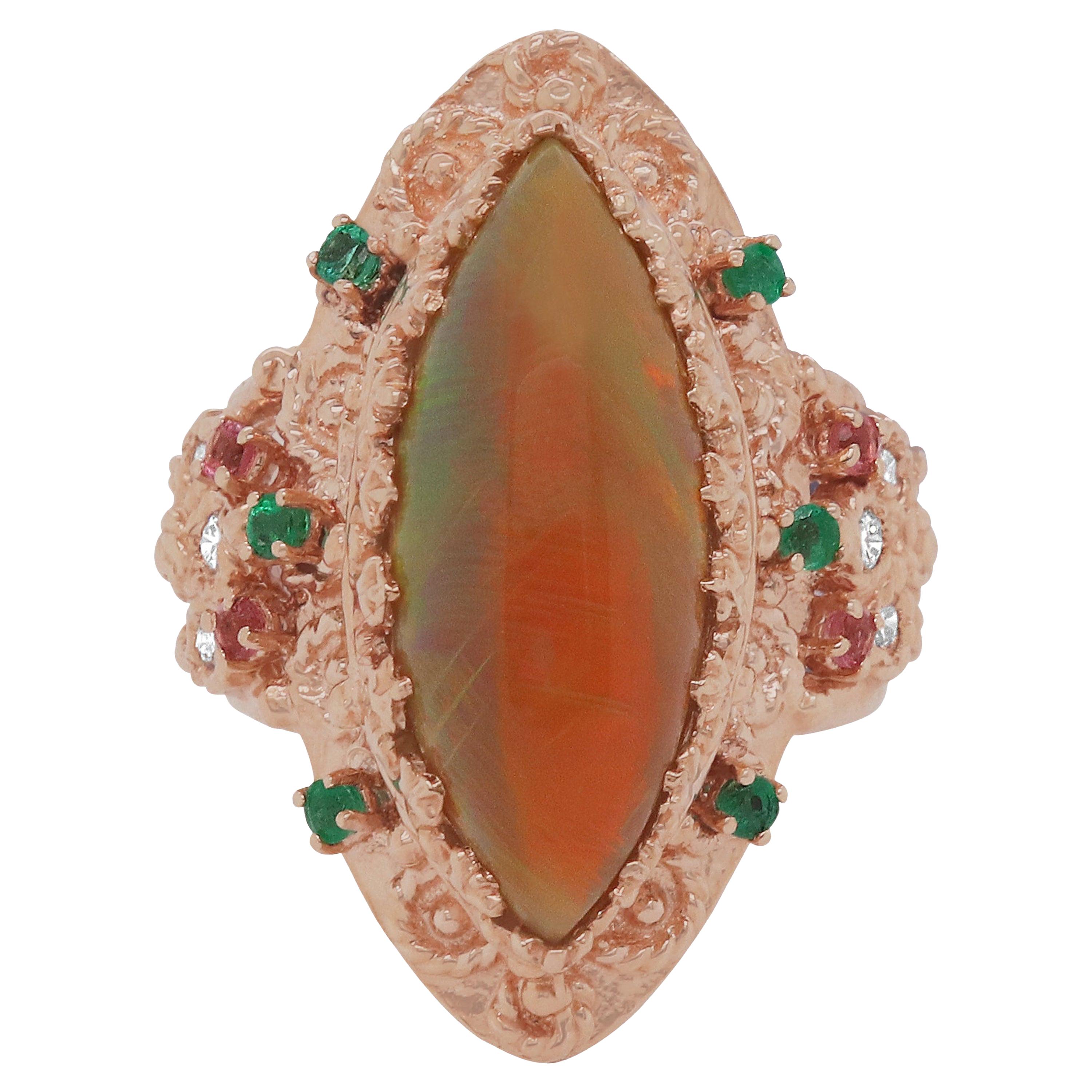 4.22 Ct Marquise Opal, Pink Tourmaline, Emerald and Diamond Ring 14K Rose Gold
