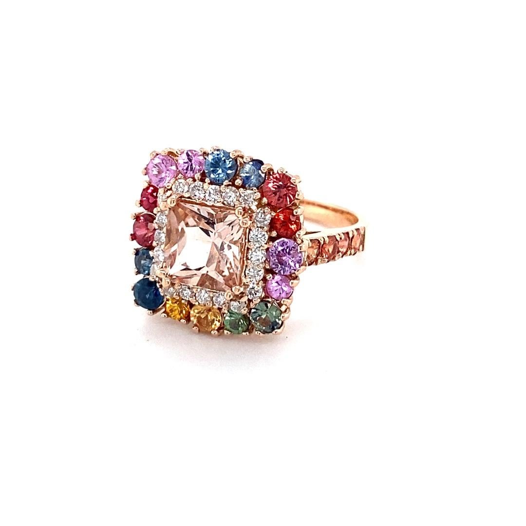 Contemporary 4.22 Carat Pink Morganite Diamond Sapphire Rose Gold Cocktail Ring For Sale