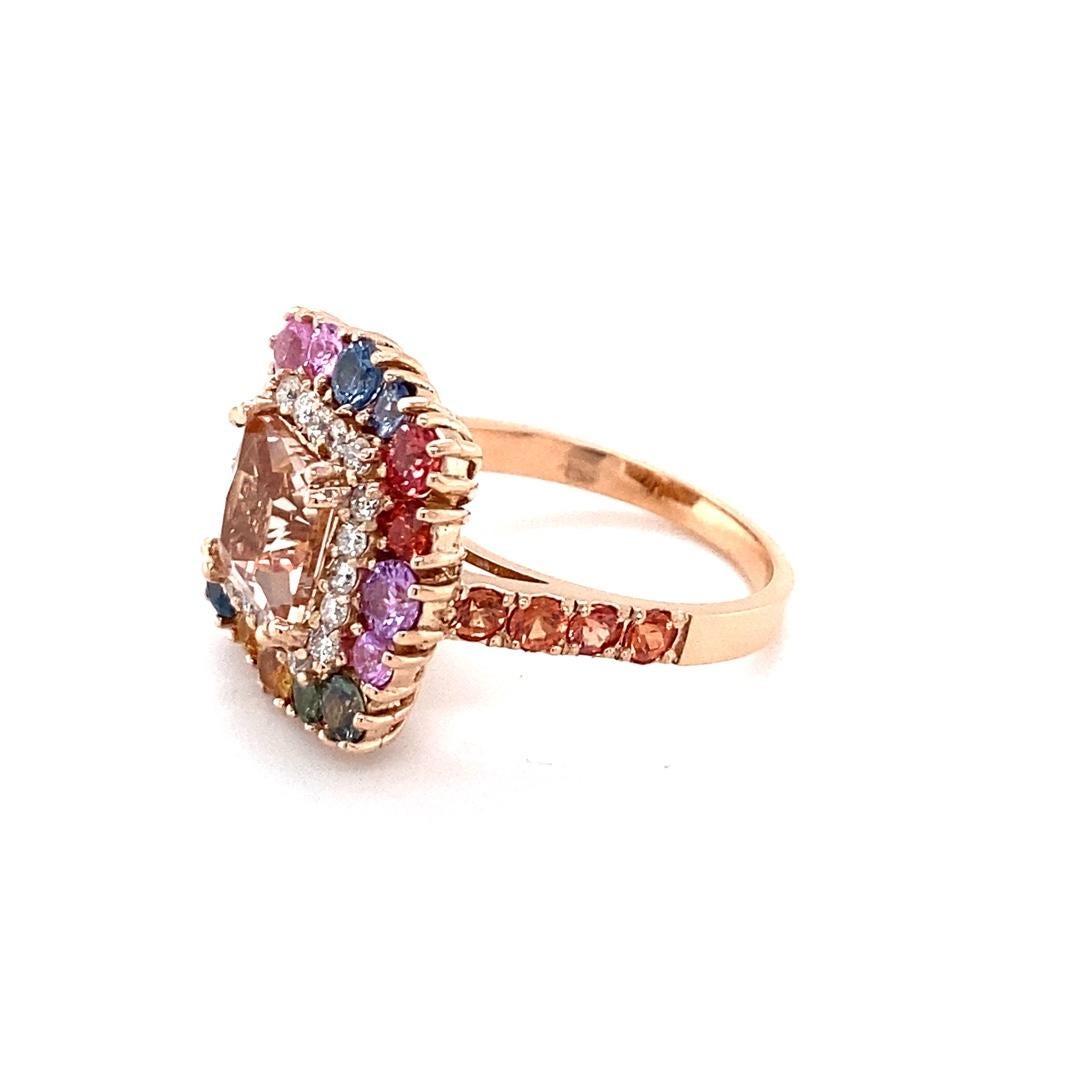 4.22 Carat Pink Morganite Diamond Sapphire Rose Gold Cocktail Ring In New Condition For Sale In Los Angeles, CA