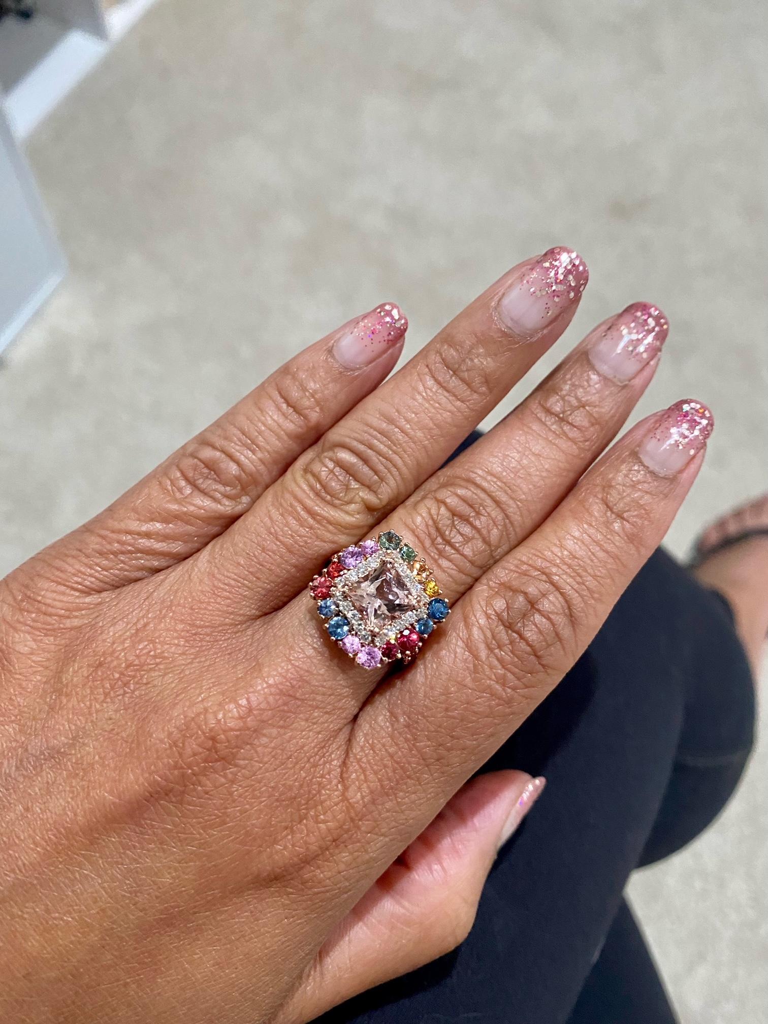 Women's 4.22 Carat Pink Morganite Diamond Sapphire Rose Gold Cocktail Ring For Sale