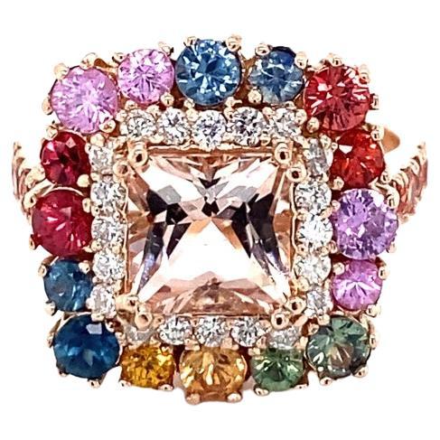 4.22 Carat Pink Morganite Diamond Sapphire Rose Gold Cocktail Ring For Sale