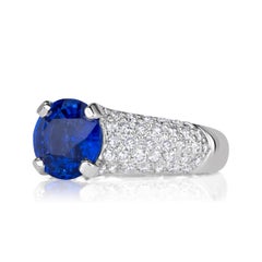 4.22 Carat Round Brilliant Diamond Ring Royal Blue Sapphire 14K Gold Quiet Power