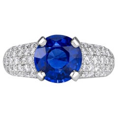 4.22 Carat Round Brilliant Diamond Ring Royal Blue Sapphire 14K Gold Quiet Power