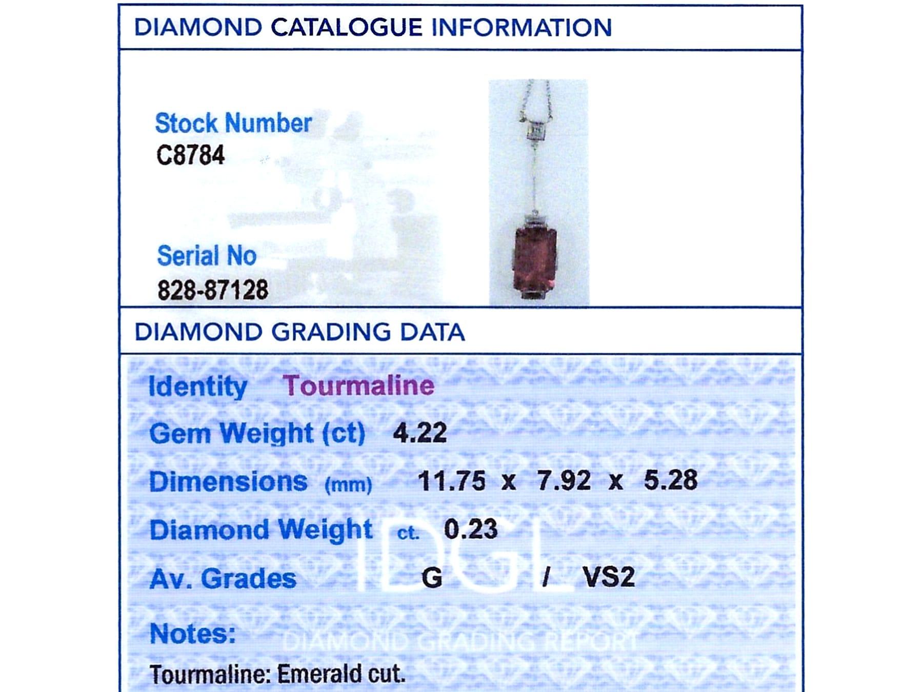 Pendentif Art déco en or blanc 18 carats avec tourmaline de 4,22 carats et diamants de 0,23 carat en vente 2