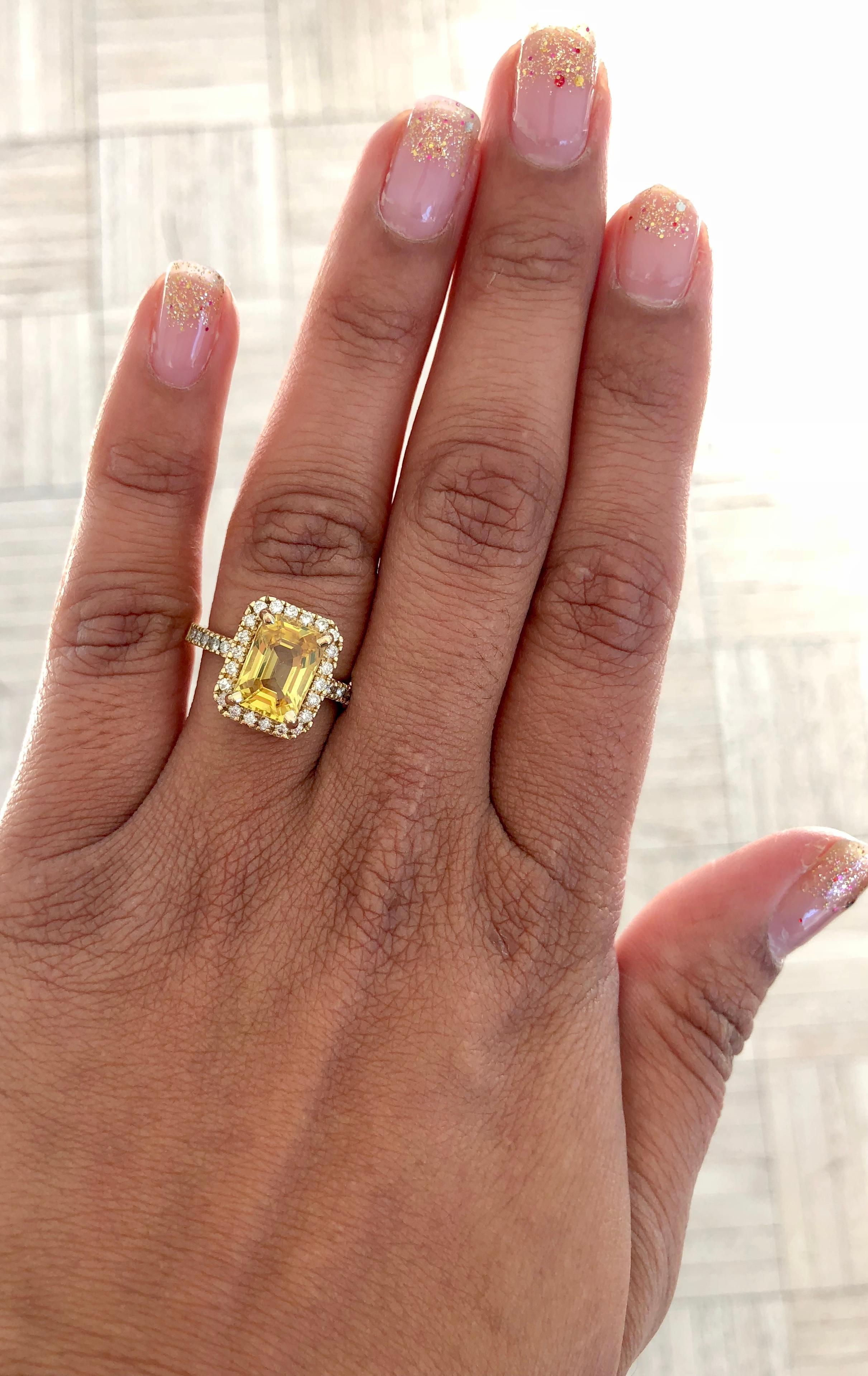 Emerald Cut 4.22 Carat Yellow Sapphire Diamond 14 Karat Yellow Gold Ring