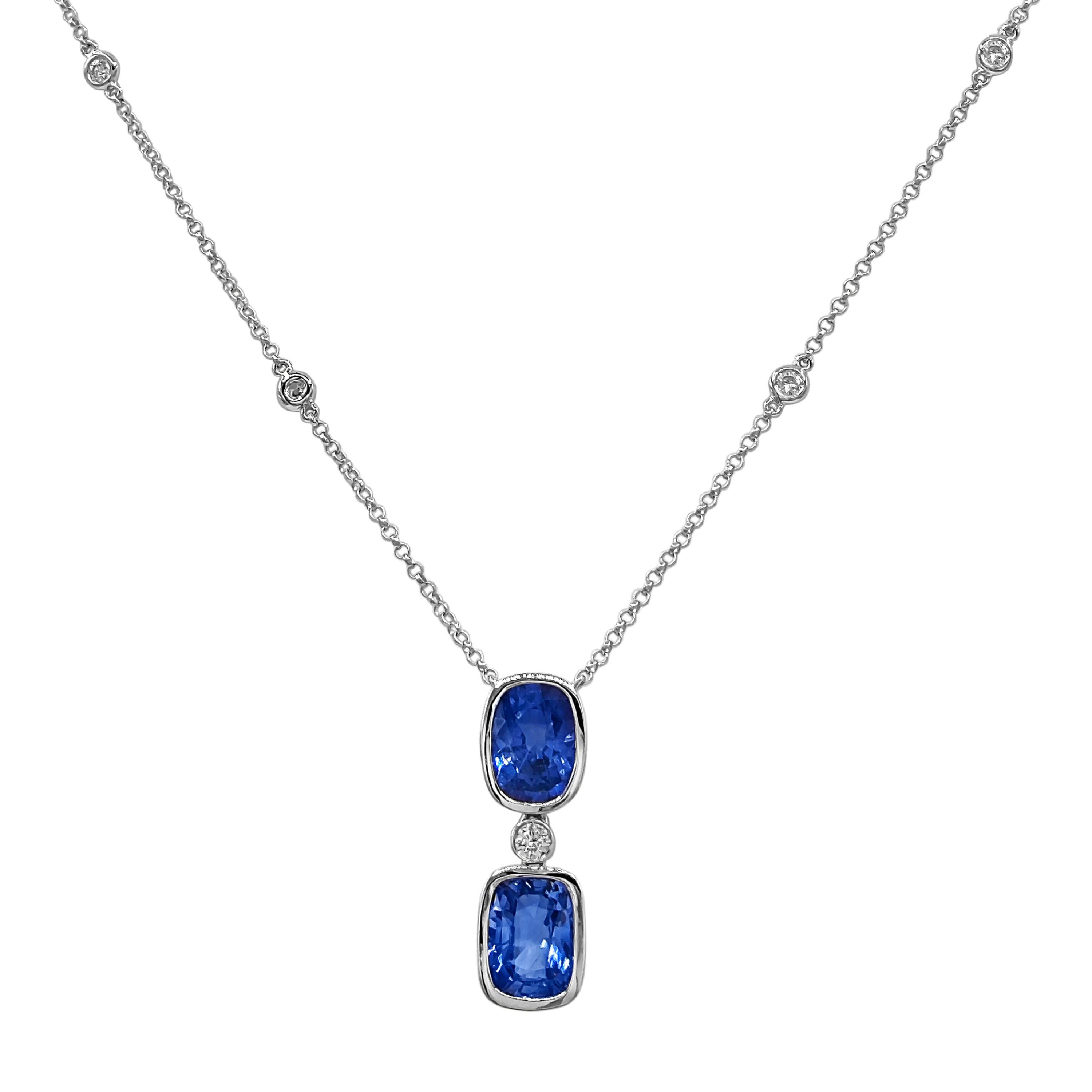 Mixed Cut 4.22 Carats Sapphire and White Diamond White Gold Necklace For Sale