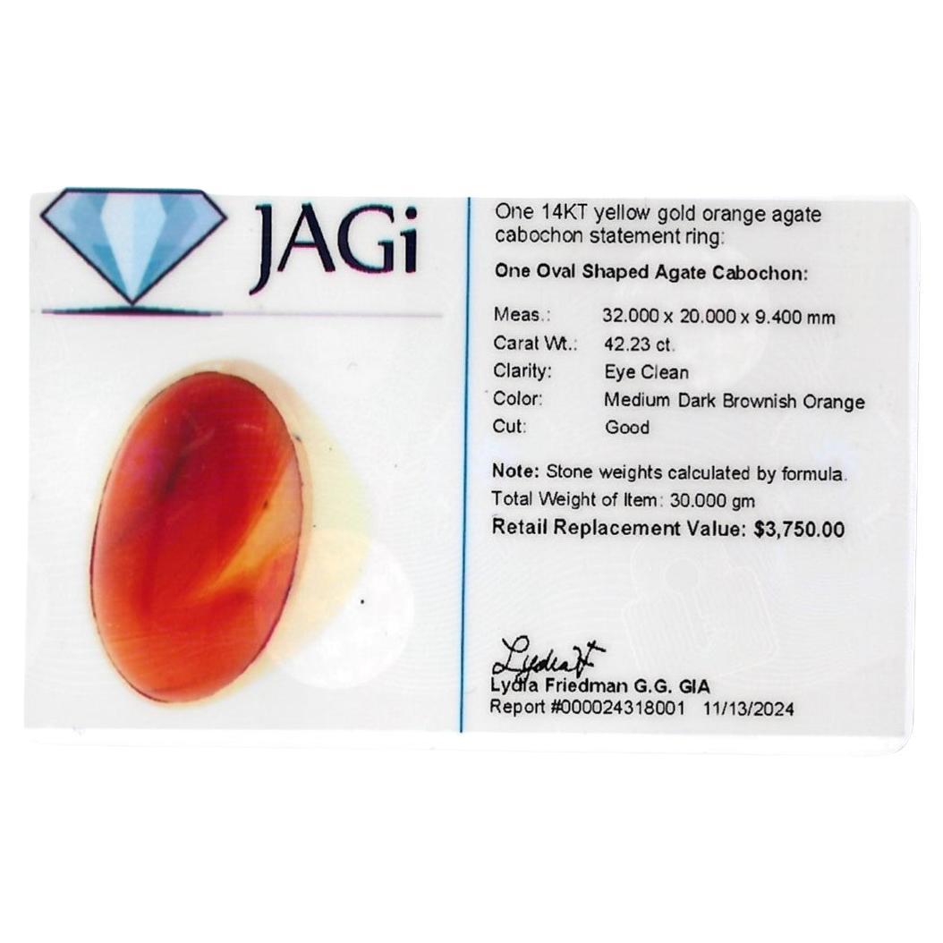 Bague d'affirmation en or jaune 14 carats avec agate orange cabochon ovale de 42,23 carats en vente 4