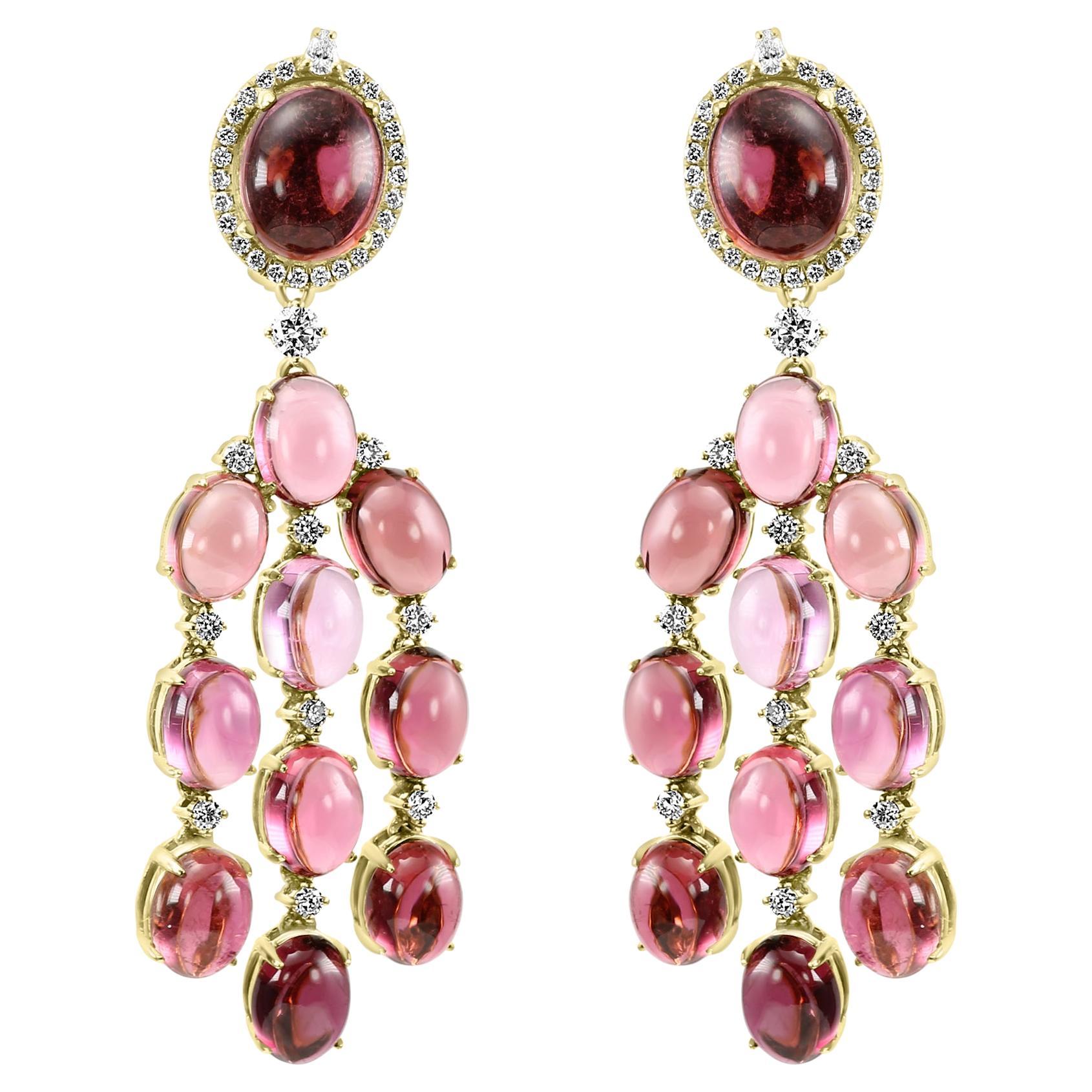 42.25 Cts Cabochon Calabar Tourmaline & Diamond 18K Yellow Gold Dangle Earrings