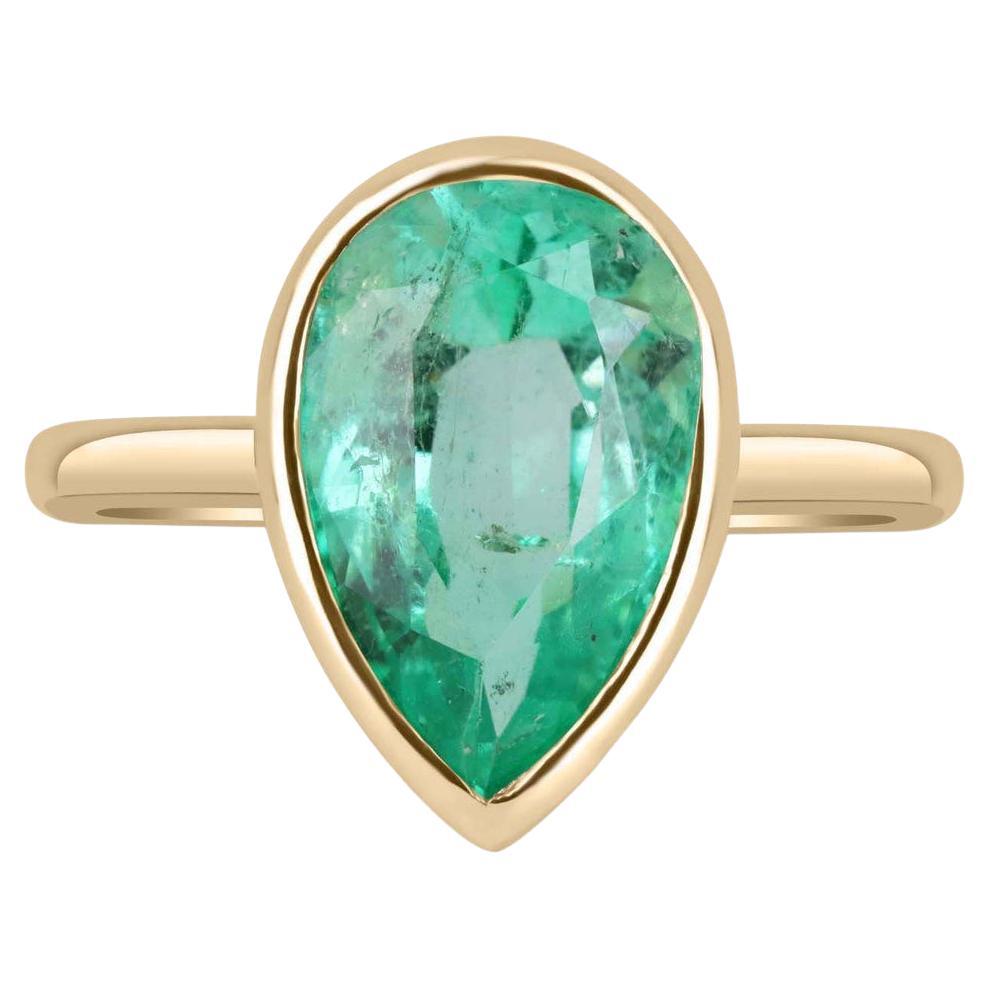 4.22ct 14K Colombian Emerald Pear Cut Bezel Solitaire Gold Ring