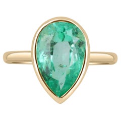 4.22ct 14K Colombian Emerald Pear Cut Bezel Solitaire Gold Ring